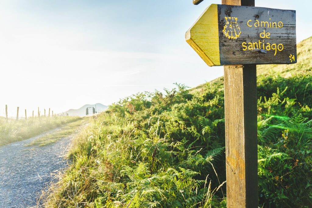 Poster or sign of the Camino de Santiago at sunset in the middle of nature