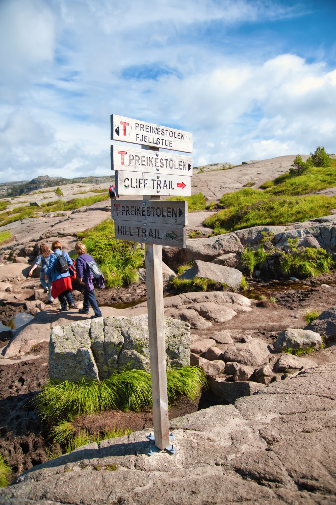 Preikestolen or Pulpit Rock mountain cliff trail. Norway.